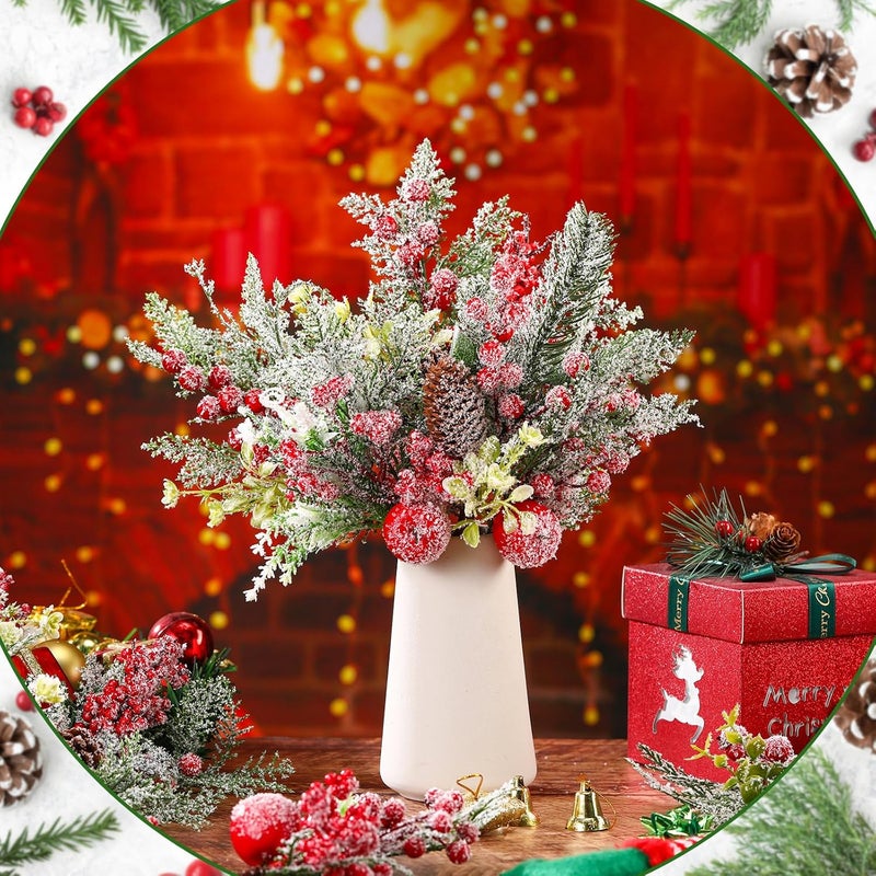 Solsew 16 Pcs Christmas Pine Cones Picks Artificial Berries Sprays Branches Faux Greenery Floral Stems Snowy Holly Pine Needles for Xmas Tree Wreath Garland Craft Decor(Novelty Snowy Style) - Image 2